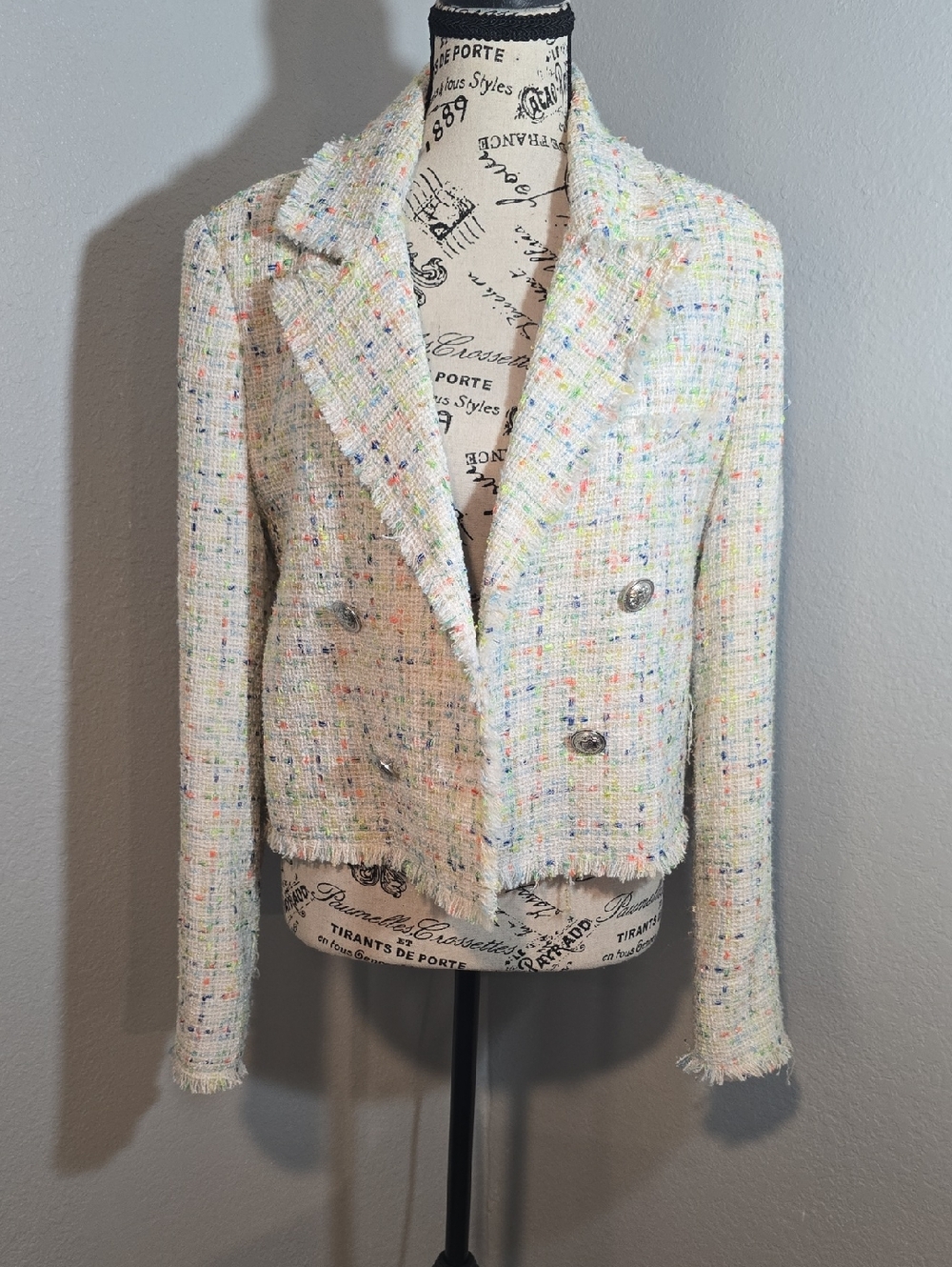 AQUA Cropped Tweed Double-Breasted Jacket - White Multicolor